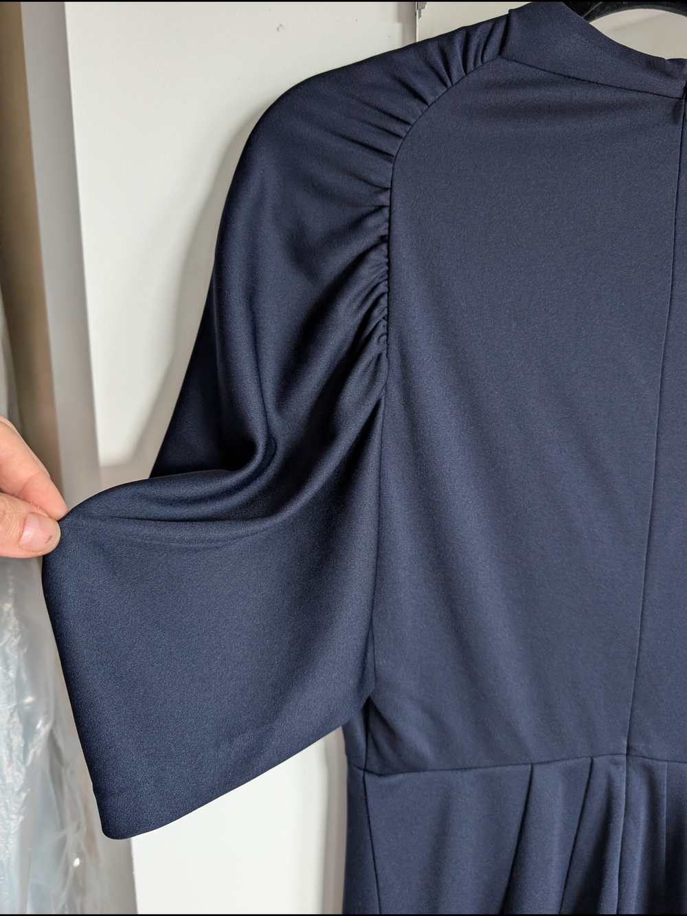 Prada 2018 Navy Blue Crepe Sablé Ruched Puff Sleeve Midi Dress IT 38 / US 2 - Picture 9 of 9